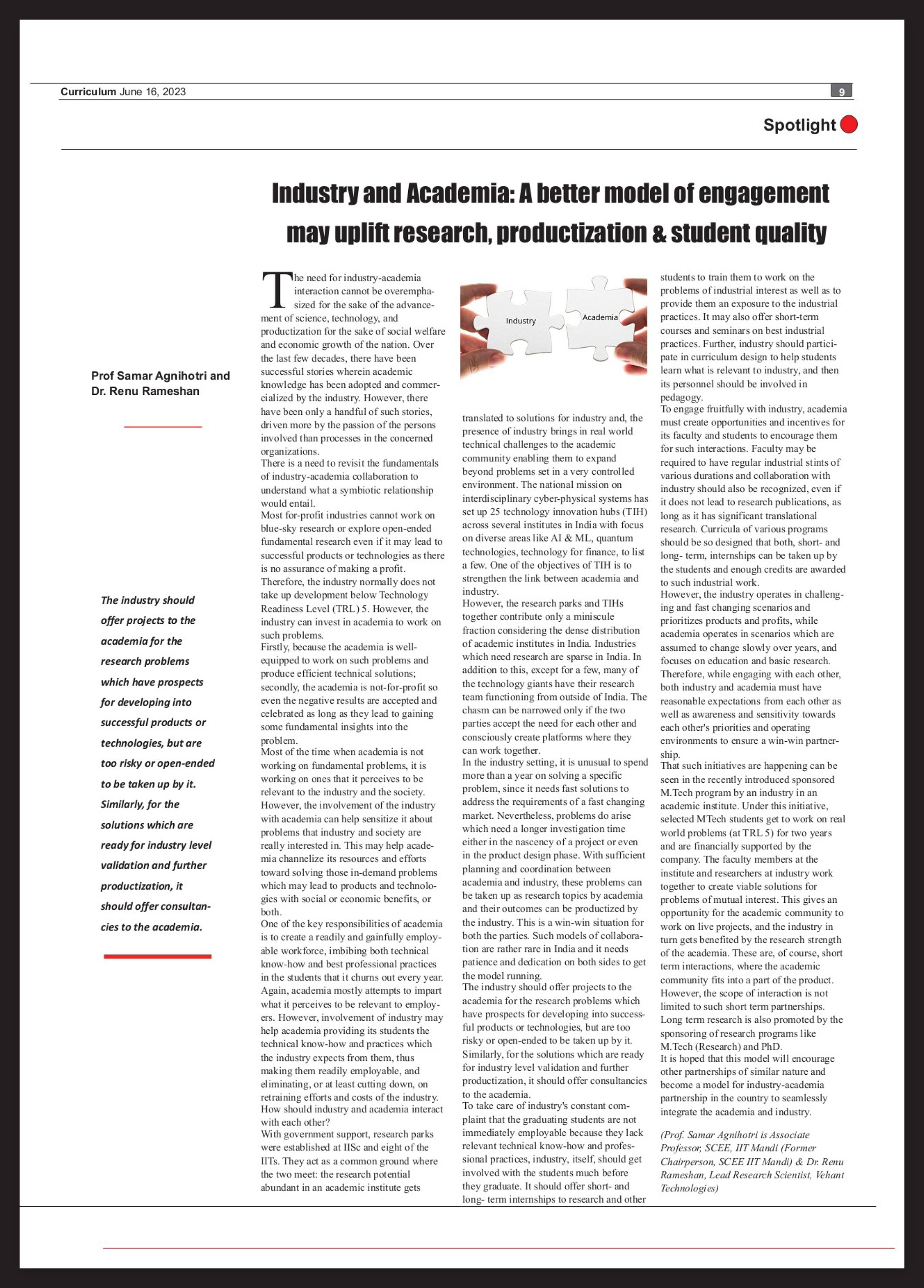 Curriculum Magazine highlighted 'Industry and Academia Collaboration'